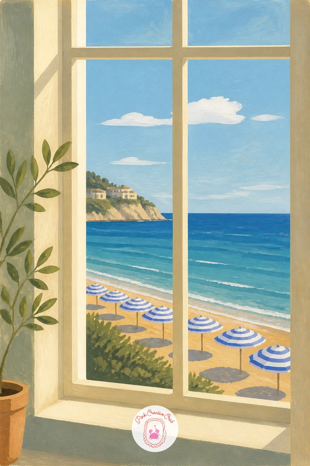 Window Over a Beach With Striped Umbrellas — Striped umbrellas scattered along a beach give this view a cheerful rhythm, so plan their spacing before you paint