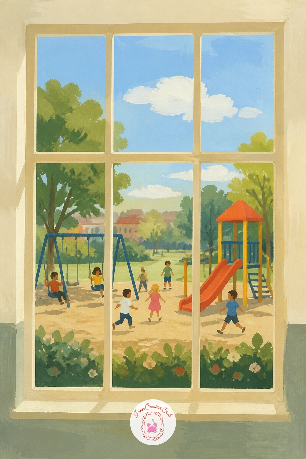 Classroom Window Over a Playground — A playground view carries a wonderful sense of nostalgia, so keep the scene playful and a little loose rather than too