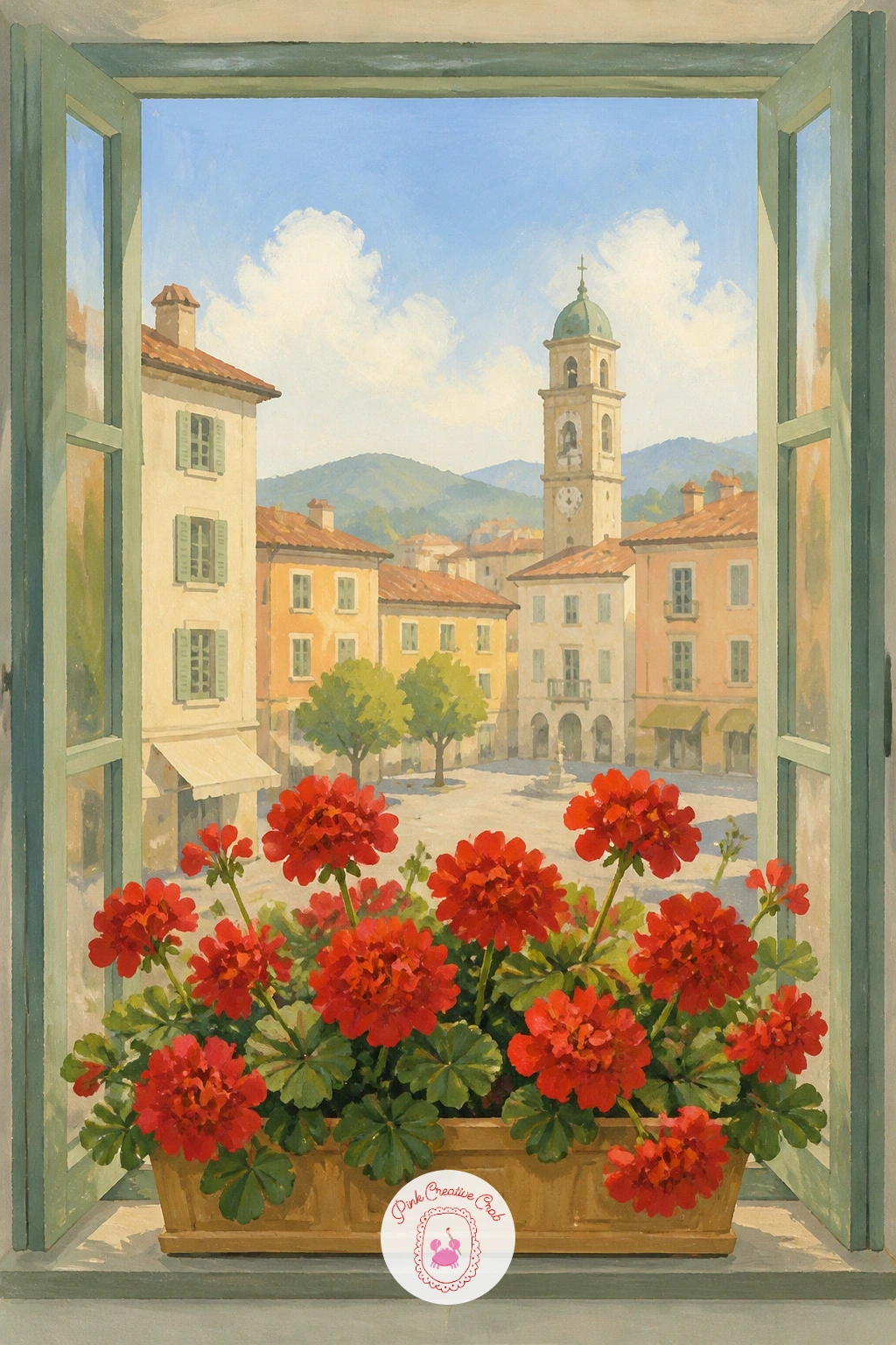 Window Box With Geraniums Over a Town Square — A window box bursting with geraniums gives you a bright foreground before the town square even begins, so paint