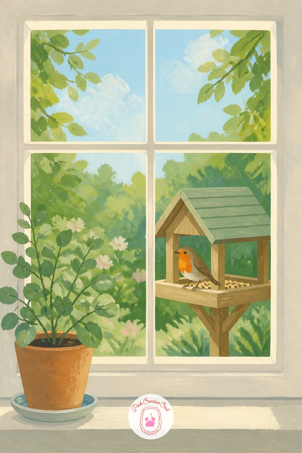 Window With a Bird Feeder and a Robin — A robin at a bird feeder gives this quiet window scene a small spark of life, so paint the bird with care even though