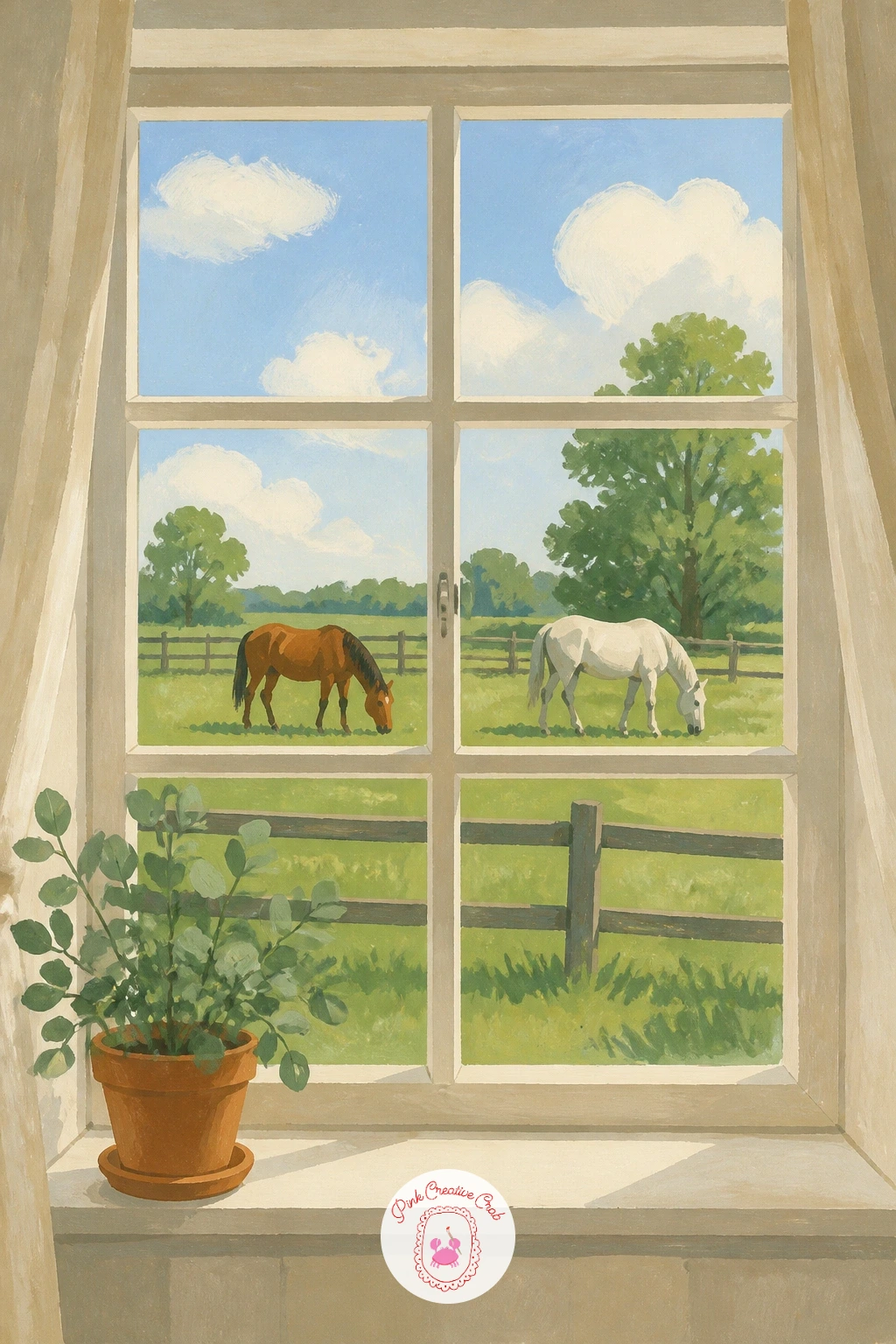 Farmhouse Window With Horses Grazing — Horses grazing in a distant field are easiest to paint as simple grounded shapes rather than detailed animals, so keep