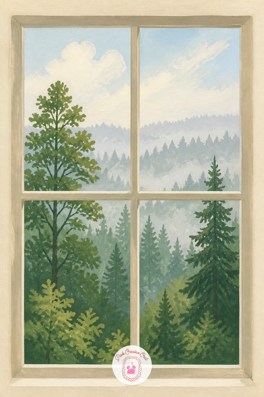 Window Over a Misty Morning Forest — Mist softens everything it touches, which makes this one of the more forgiving forest views to paint since hard edges are