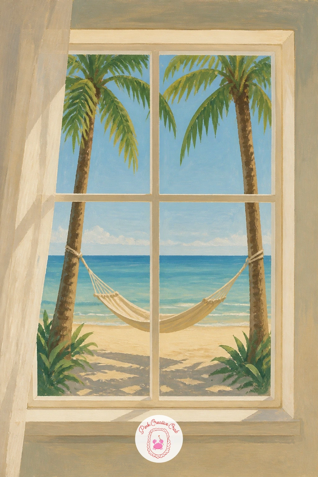 Beach House Window With a Hammock Outside — A hammock strung between two posts gives this beach view a relaxed, inviting focal point, so get its gentle curve