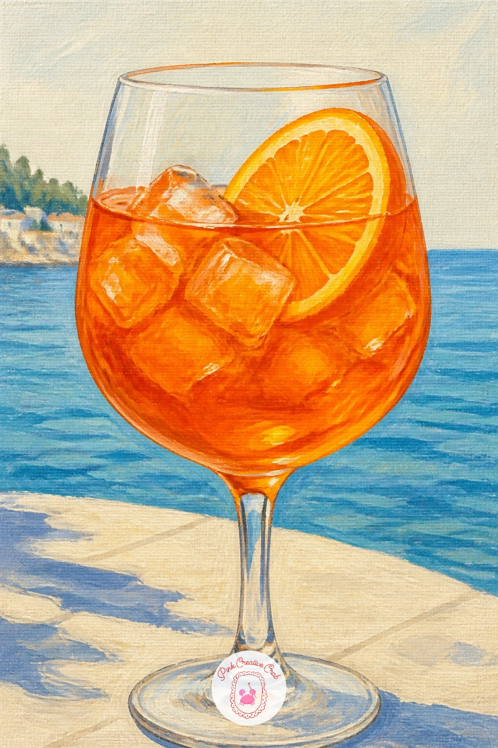 Aperol Spritz on a Seaside Table — Start with the easiest glass in the whole list: an Aperol spritz, wide bowl, orange liquid, on a table with the sea