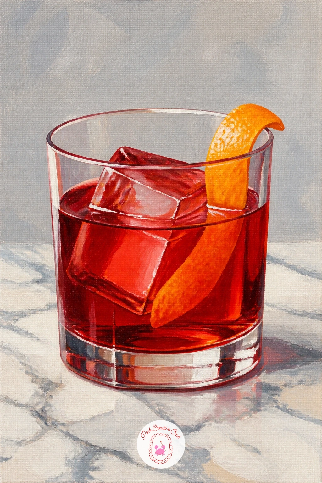 Negroni on a Marble Bar — Follow the pink margarita with its deeper, moodier cousin: a negroni glass is squat and square, sitting heavy on a marble counter.