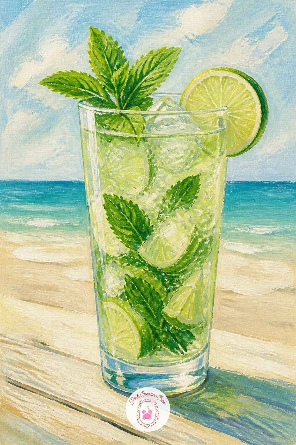 Mojito on a Beach Bar — Keep the tropical mood going with a mojito, the most refreshing glass on the list and a good one for practicing layered transparency.