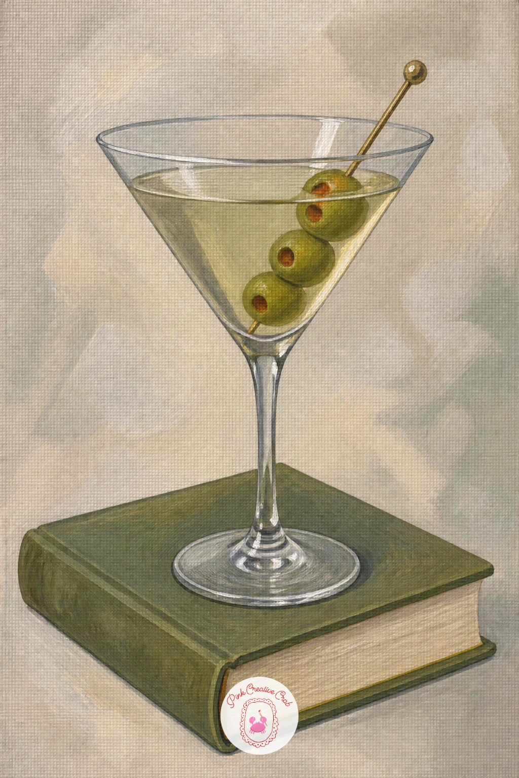 Dirty Martini With Olives on a Book — Slow the pace down with a single elegant glass: a dirty martini rests its distinctive V-shaped bowl on a closed book, so