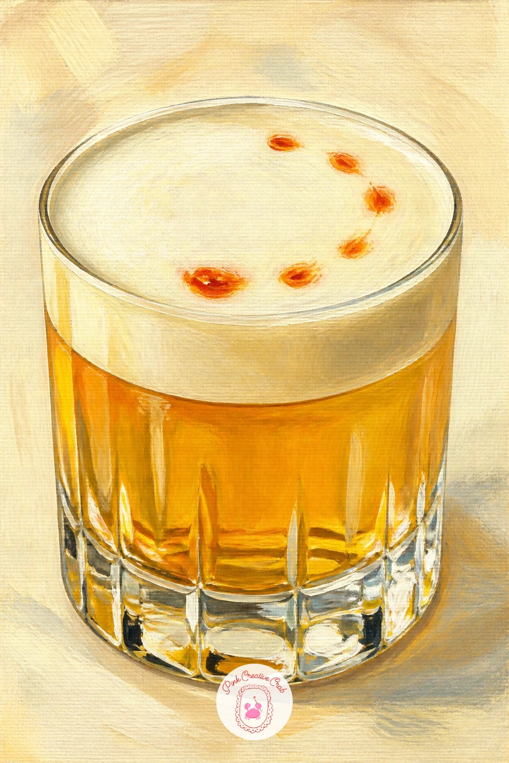 Whiskey Sour With a Foam Top — Practice a soft edge next: a whiskey sour has a pale frothy foam layer sitting on top of amber liquid, and getting that boundary