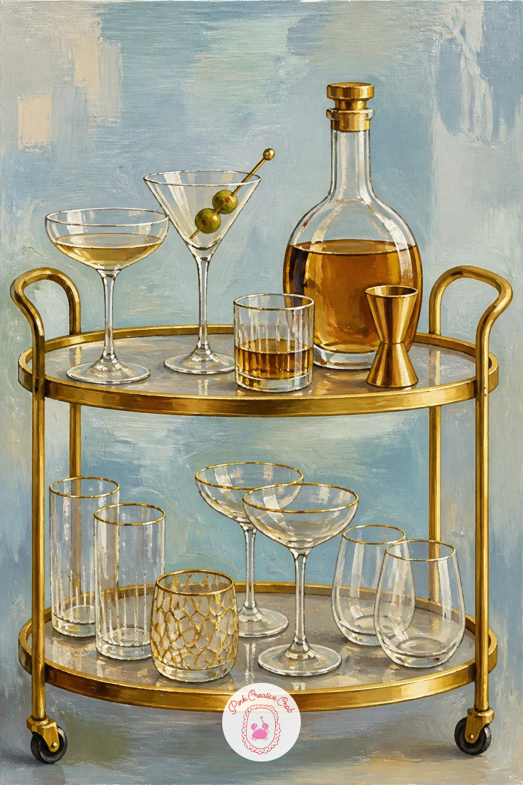 Home Bar Cart With Glassware — Zoom out to a whole scene: a home bar cart holds several glass shapes together, so block in the cart structure first as simple