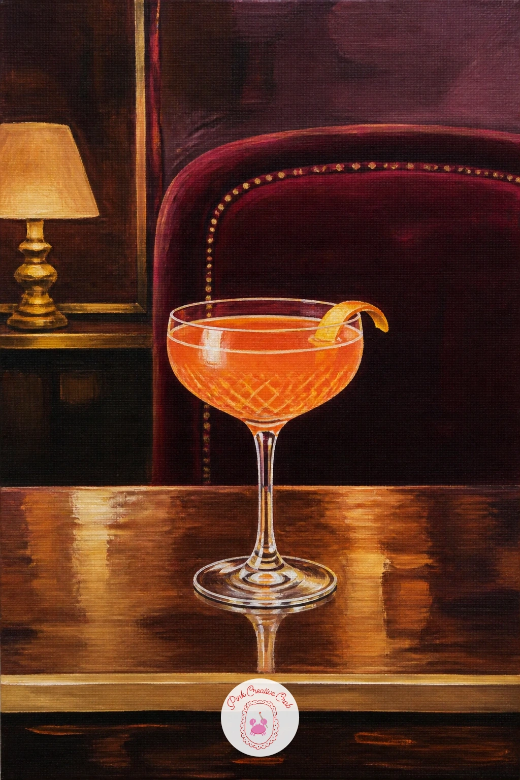 Hotel Bar With Velvet Stools — Try a moodier interior for contrast: a hotel bar scene with velvet stools leans on rich color and soft lamplight rather than the