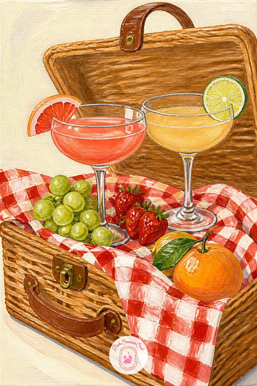 Cocktail Picnic in a Wicker Hamper — Close the list with the fullest scene: a cocktail picnic spilling out of a wicker hamper brings glasses, fruit and basket