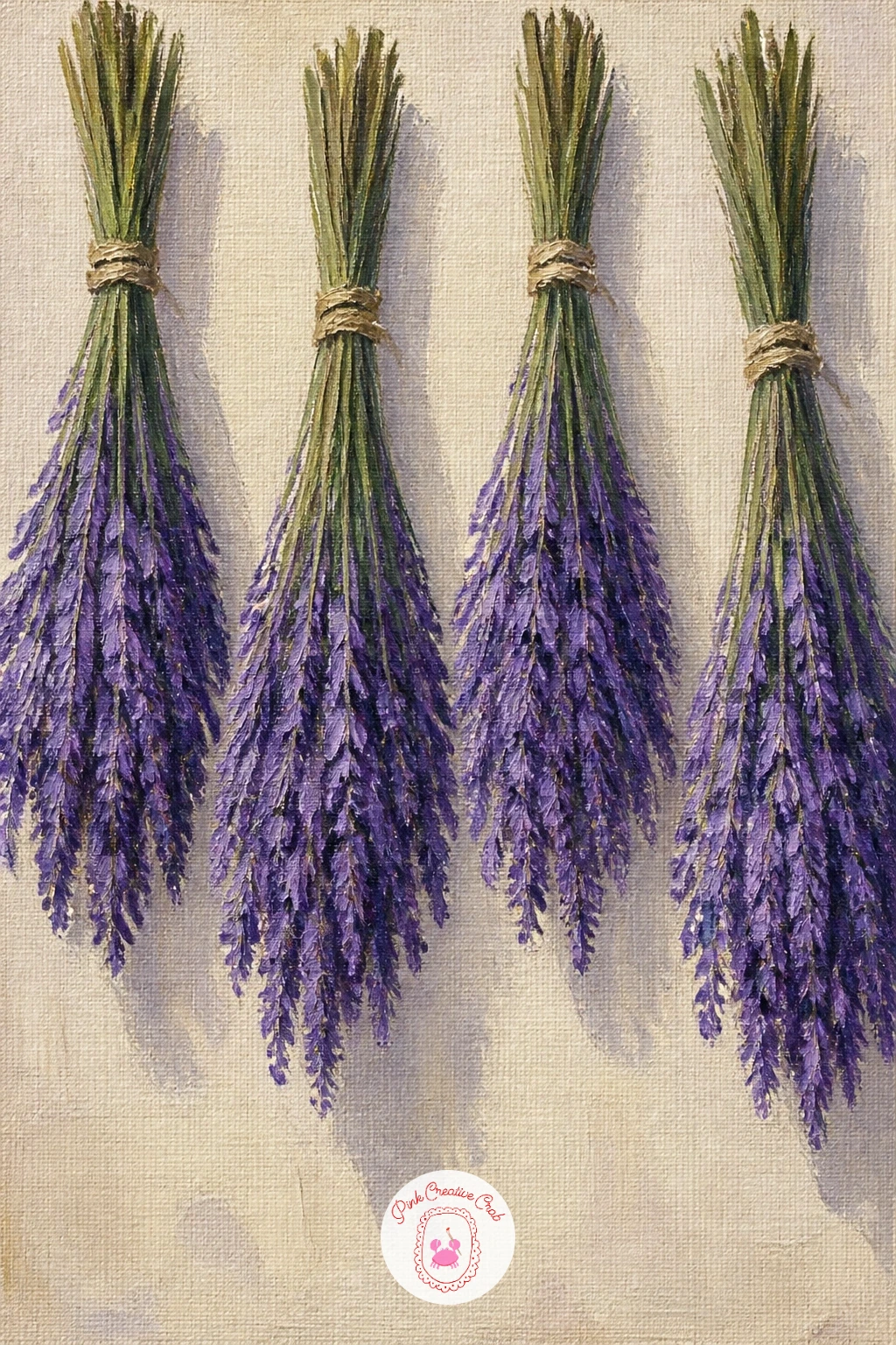 Lavender Bundles Drying Upside Down — Move from the open field into a quieter indoor subject: lavender bundles drying upside down, tied with string and hung in