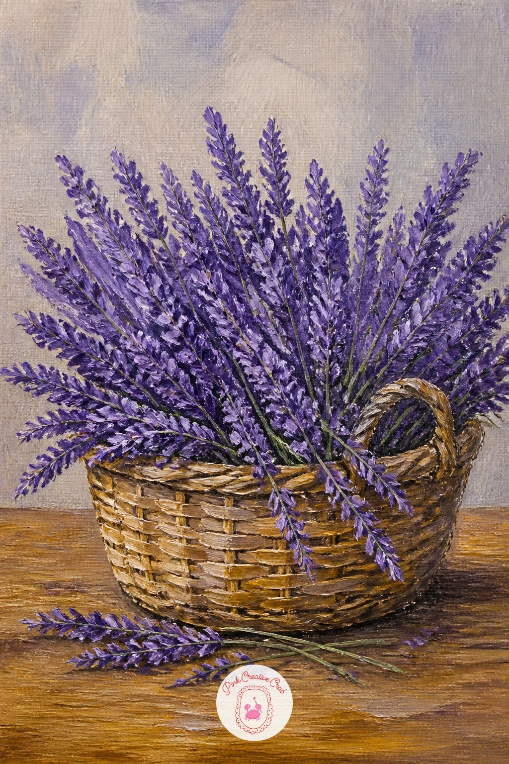 Basket Of Lavender On A Wooden Table — Bring the scene indoors with a basket of lavender on a wooden table, a warm still life that suits a kitchen wall nicely.