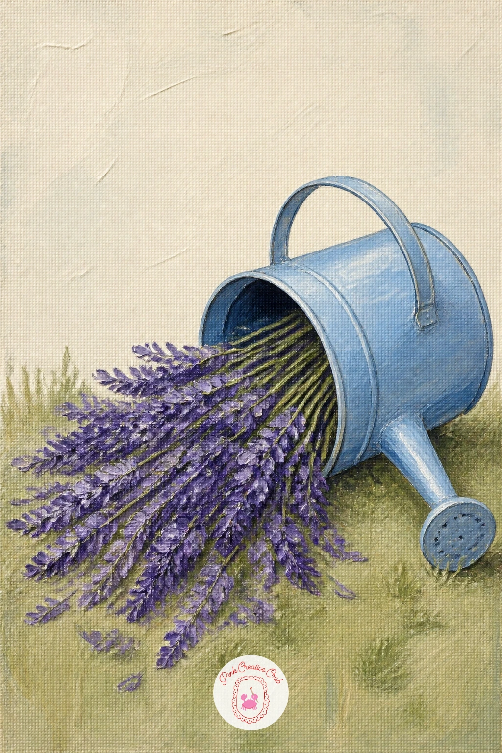 Lavender In A Blue Watering Can — Keep the cottage garden mood going with lavender in a blue watering can, tipped gently on its side with stems spilling out.