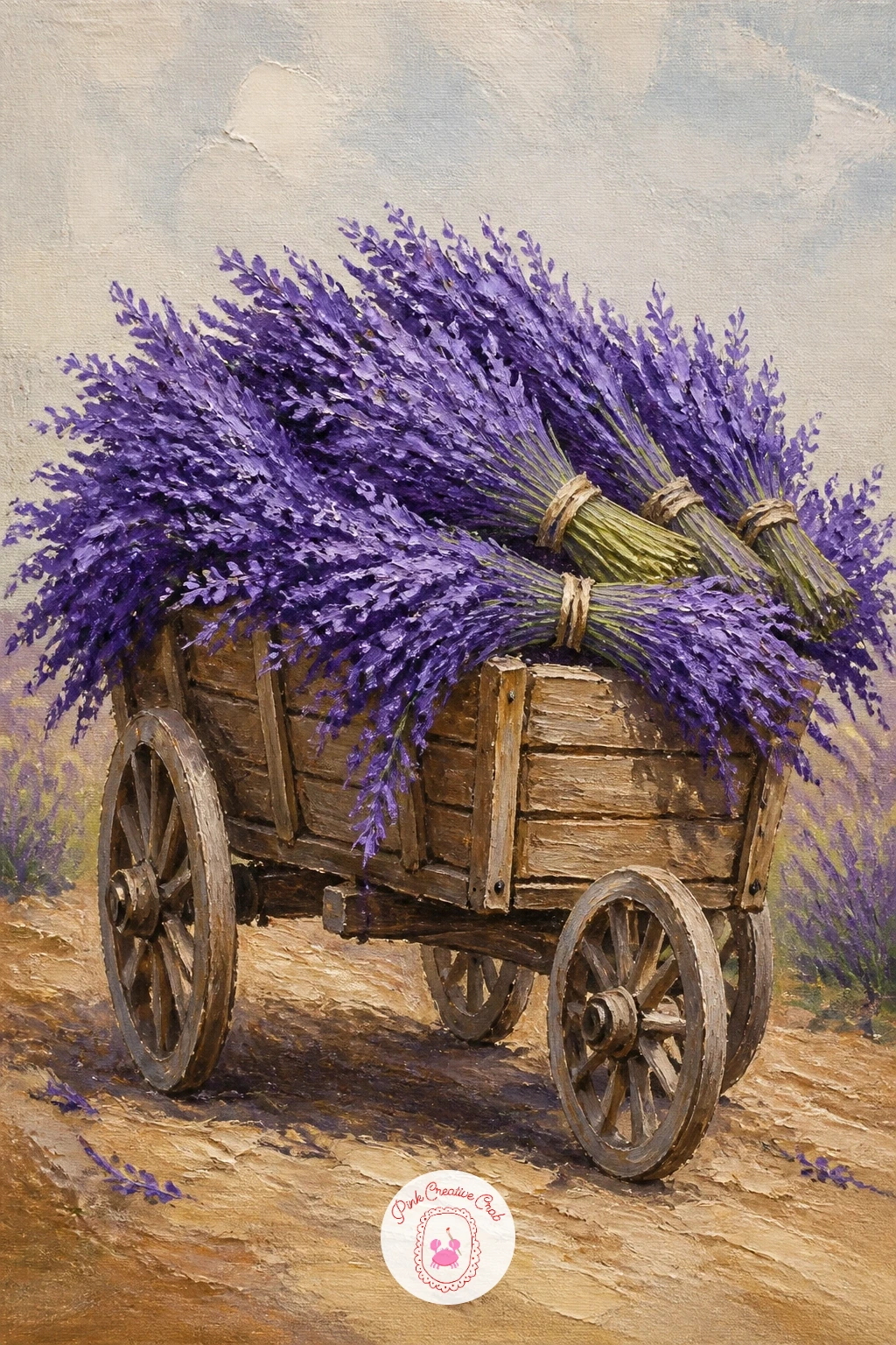 Wooden Cart Loaded With Lavender Bundles — Come back to a sturdy country subject with a wooden cart loaded with lavender bundles, parked as though just back