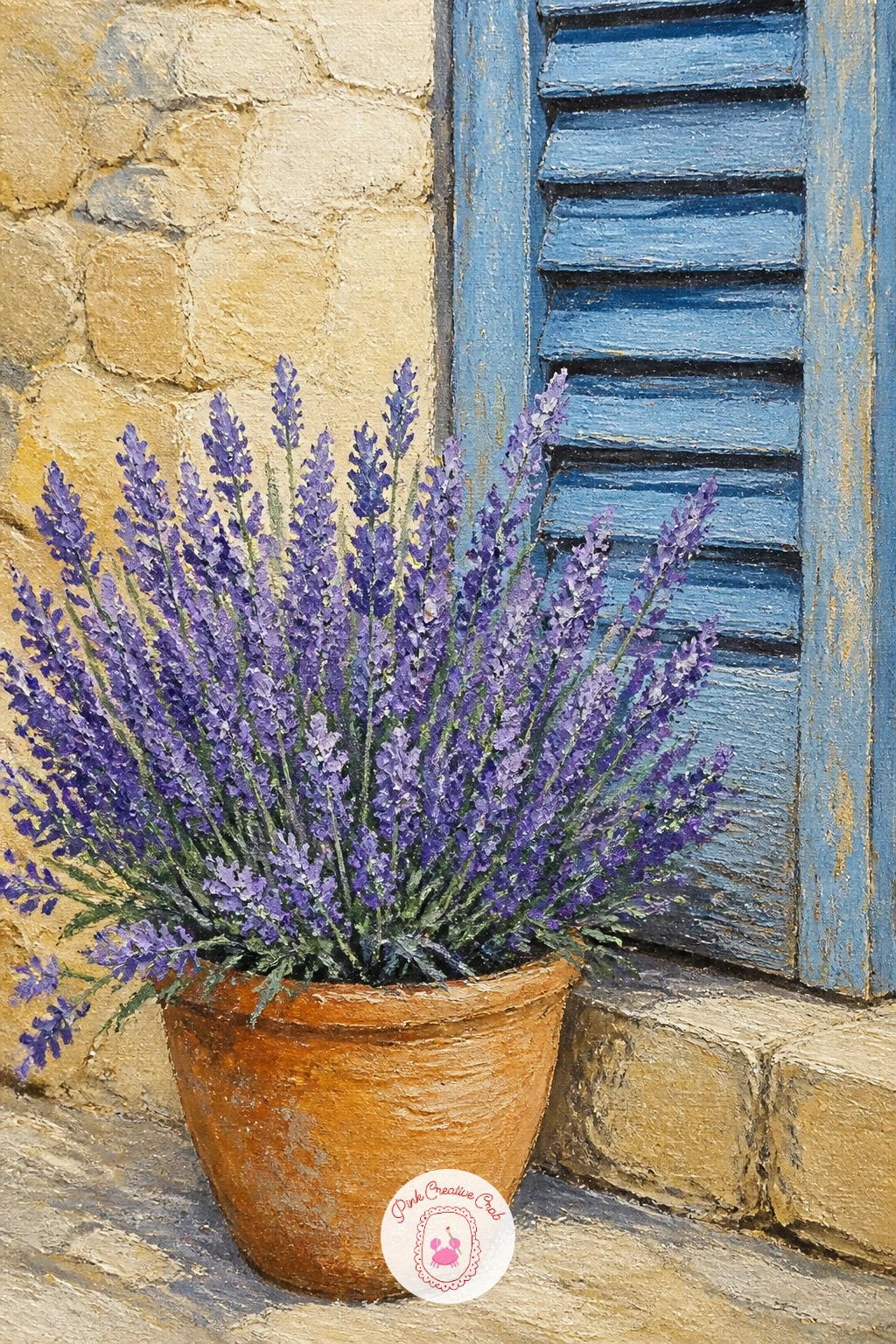 Lavender In A Terracotta Pot By A Blue Shutter — Zoom into architectural detail with lavender in a terracotta pot by a blue shutter, a classic Provence close