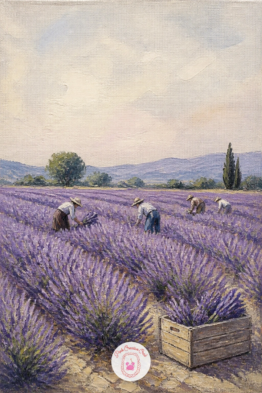 Workers Harvesting Lavender — Close the series with workers harvesting lavender, a scene full of gentle activity that ties together the field, the people and