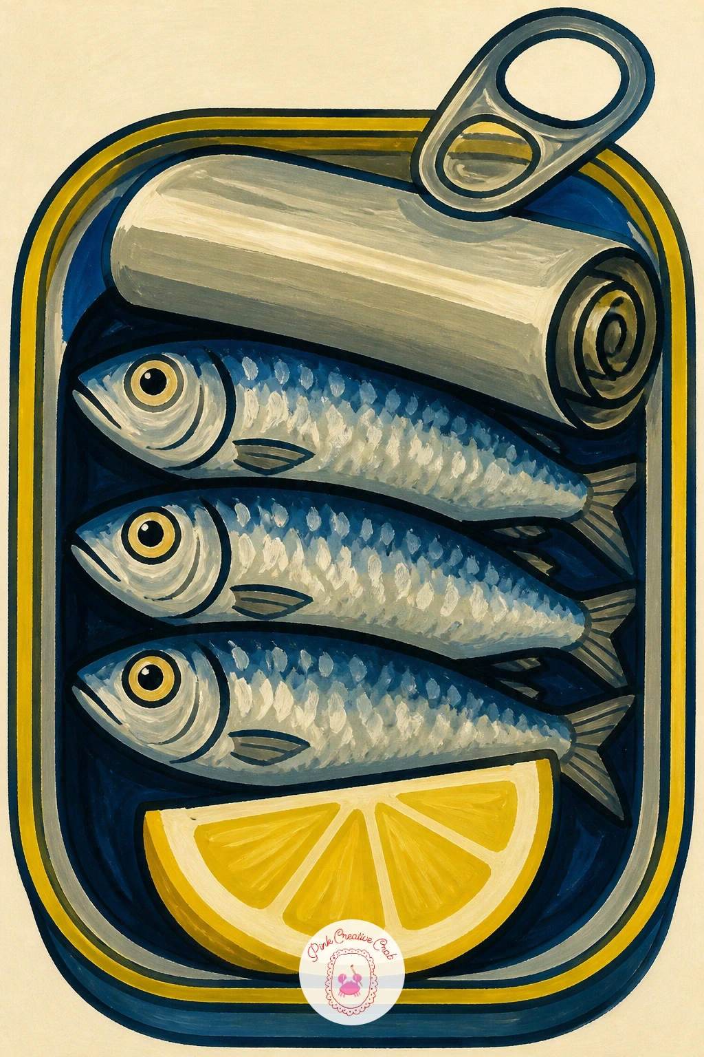 Open Sardine Tin With Lemon — Start the whole sardine painting project with the simplest version of the subject: an open tin, peeled lid curling back, three or