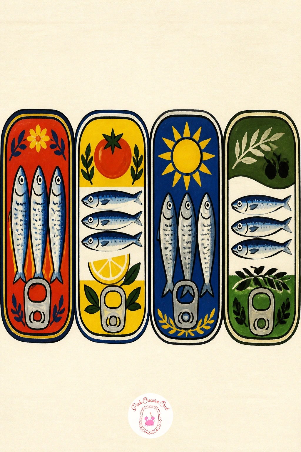 Row of Vintage Sardine Tins — A shelf of colorful vintage sardine tins lined up side by side makes a strong kitchen piece and a good lesson in keeping a row