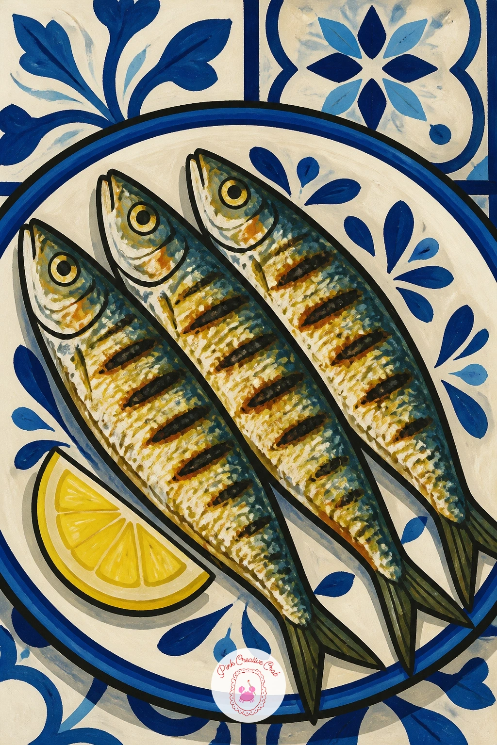 Grilled Sardines on a Lisbon Terrace — Bring in a little travel atmosphere with grilled sardines on a plate at a Lisbon terrace, char marks and all, set