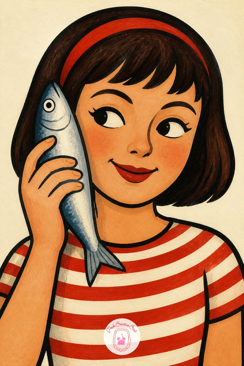 Girl Holding a Sardine Like a Telephone — For something properly playful, paint a girl holding a sardine up to her ear like a telephone, mid conversation with