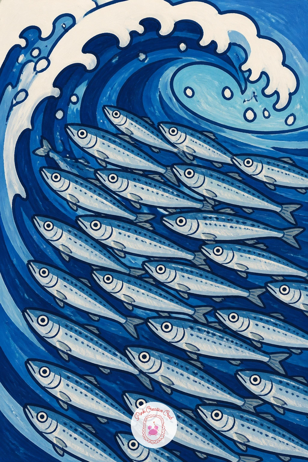 School of Sardines in a Wave — Shift from single fish to a whole school of sardines swimming inside a curling wave, a good chance to practice repeating a