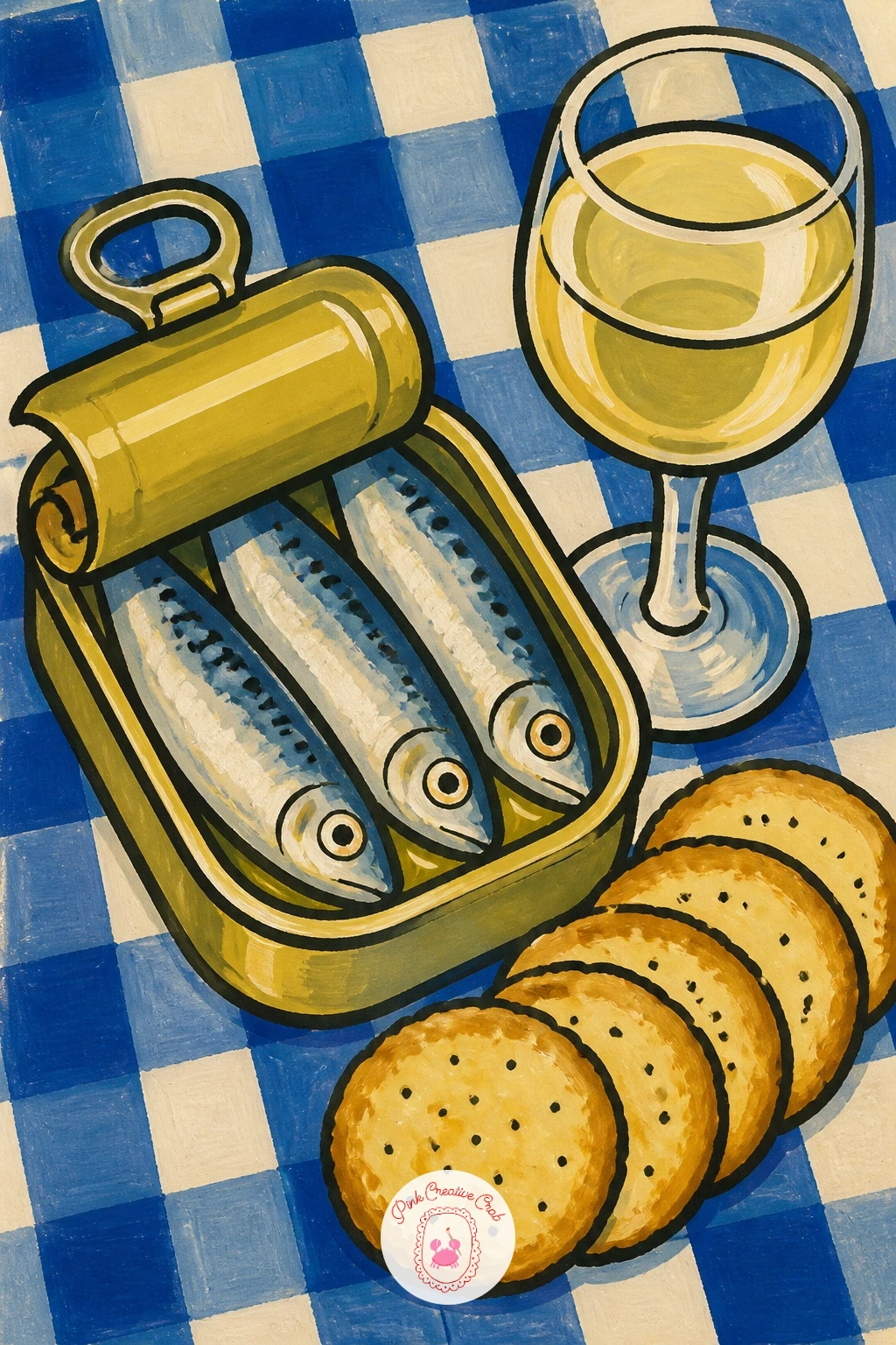 Sardine Tin Picnic With Wine — Widen the scene into a sardine tin picnic, an open tin beside a stack of crackers and a glass of white wine, all arranged on a