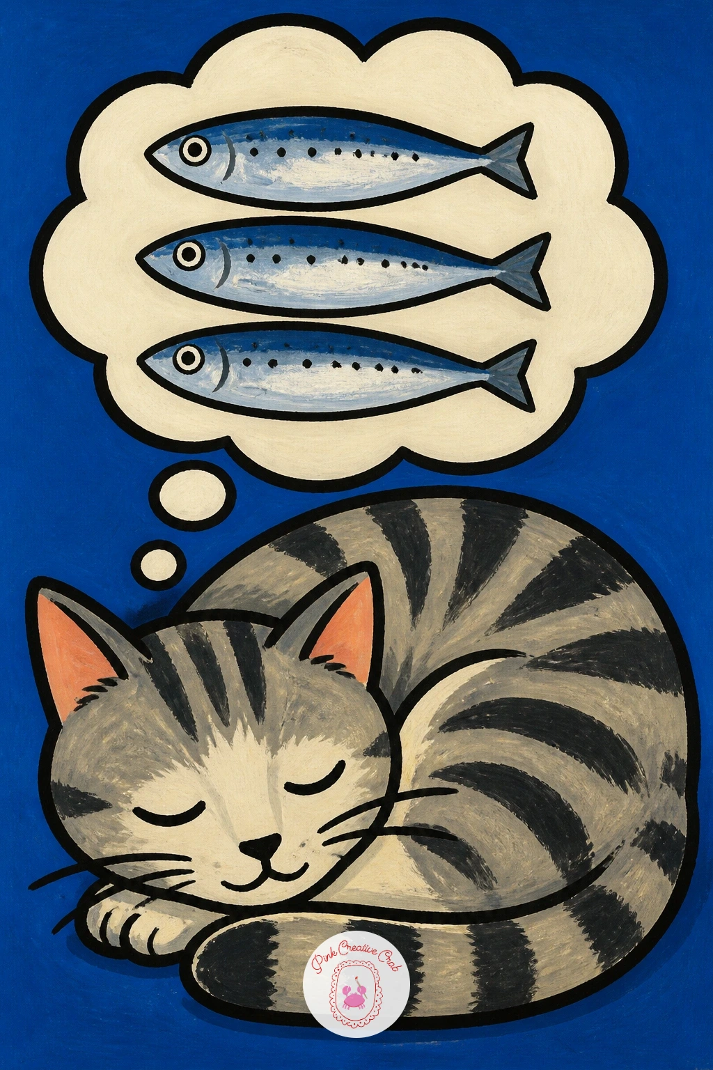 Cat Dreaming of Sardines — For a cosy, funny subject, paint a sleeping cat with a thought bubble full of sardines drifting above its head. Sardine painting