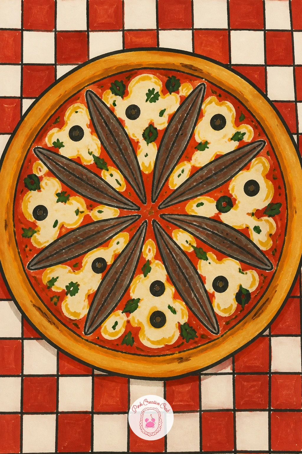 Anchovy Pizza on Checkered Cloth — Move the tinned fish theme onto a pizza, anchovy strips laid in a loose star pattern across a cheesy base on a checkered