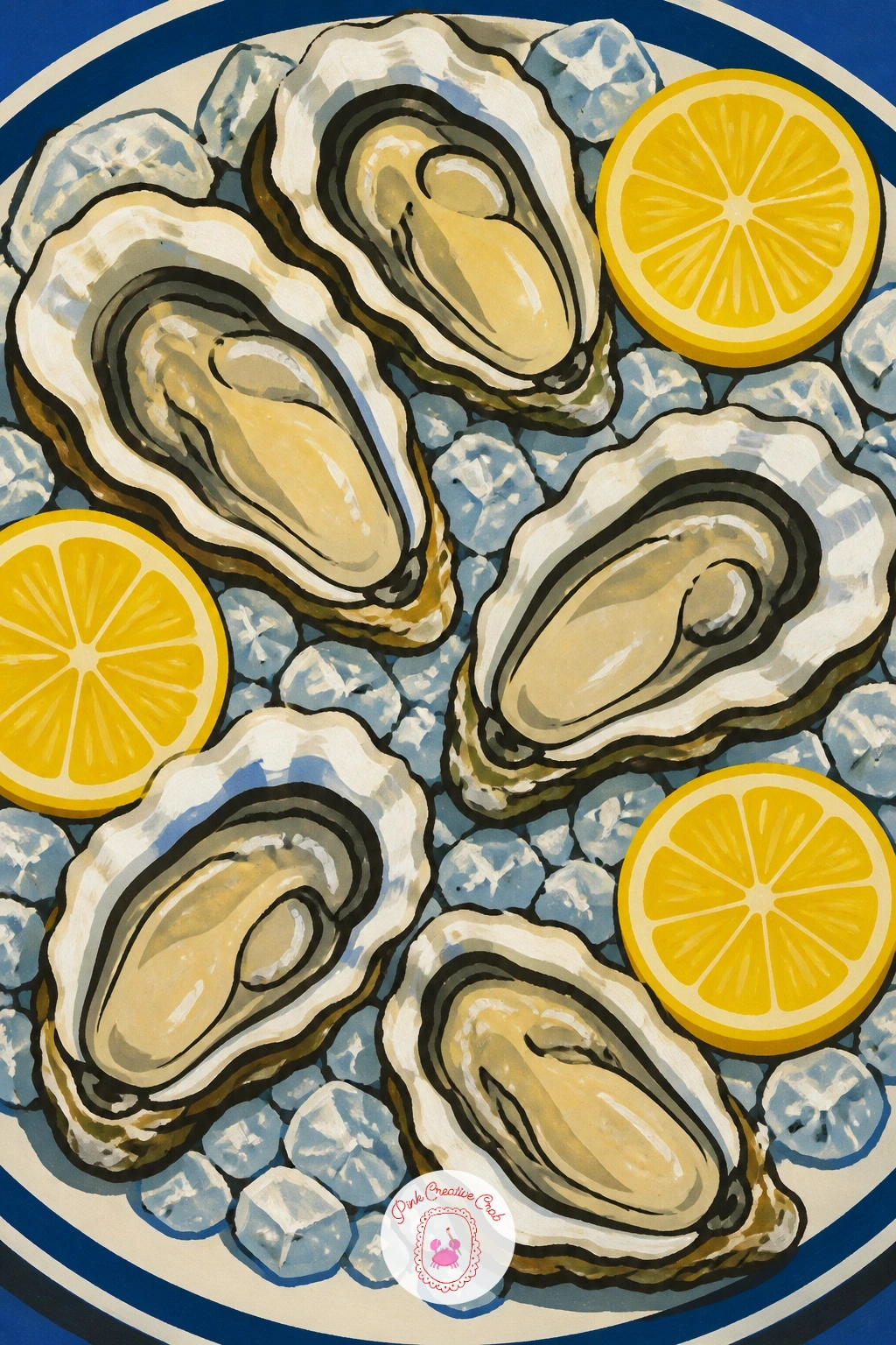 Plate of Oysters With Lemon Halves — Narrow back down to something calmer, a plate of oysters with lemon halves tucked between the shells. Sardine painting