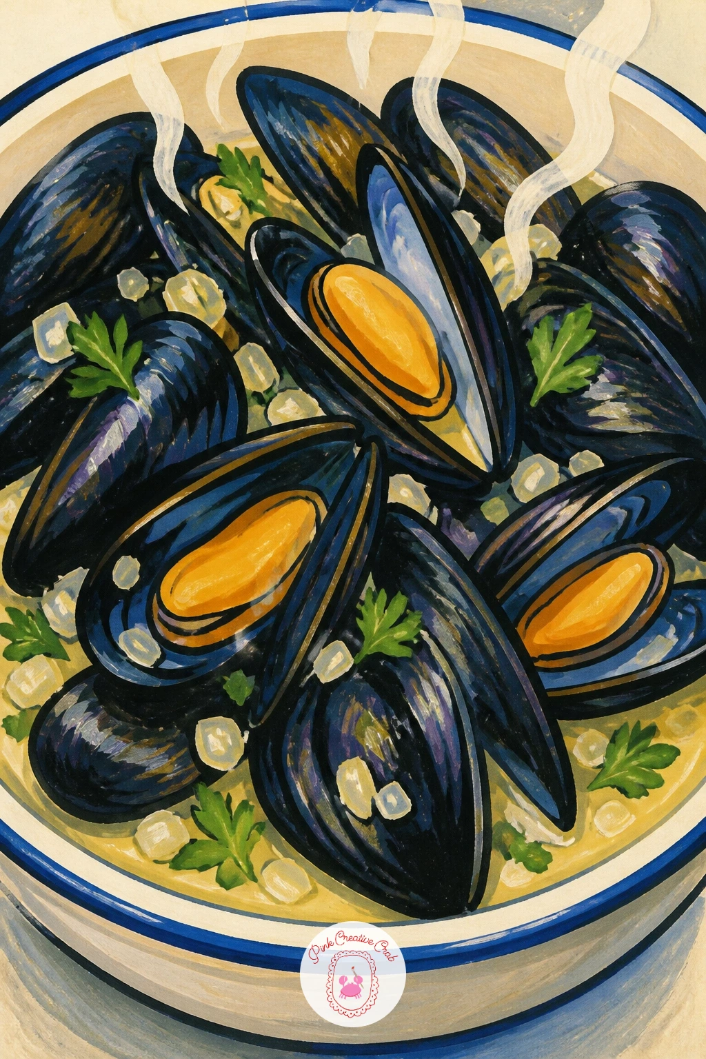 Bowl of Mussels in White Wine — Follow the oysters with a steaming bowl of mussels in white wine, shells piled up with a few open to show the orange flesh