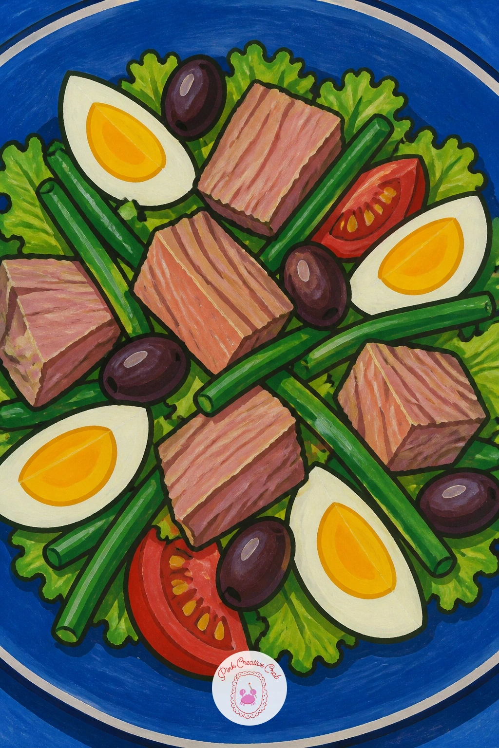 Tuna Nicoise Salad on a Blue Plate — Bring some color variety in with a tuna nicoise salad, chunks of tuna, green beans, egg wedges and olives arranged on a