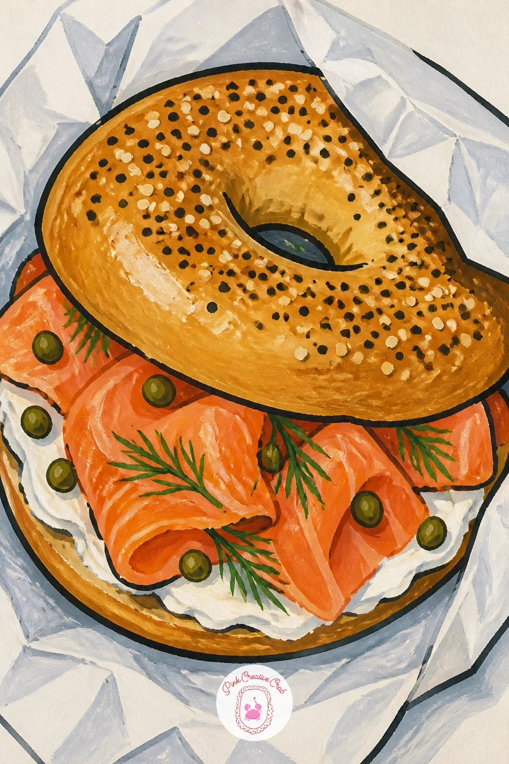Smoked Salmon Bagel on Paper Wrapper — Keep things simple again with a smoked salmon bagel, cream cheese and a few capers, sitting half unwrapped in its paper.