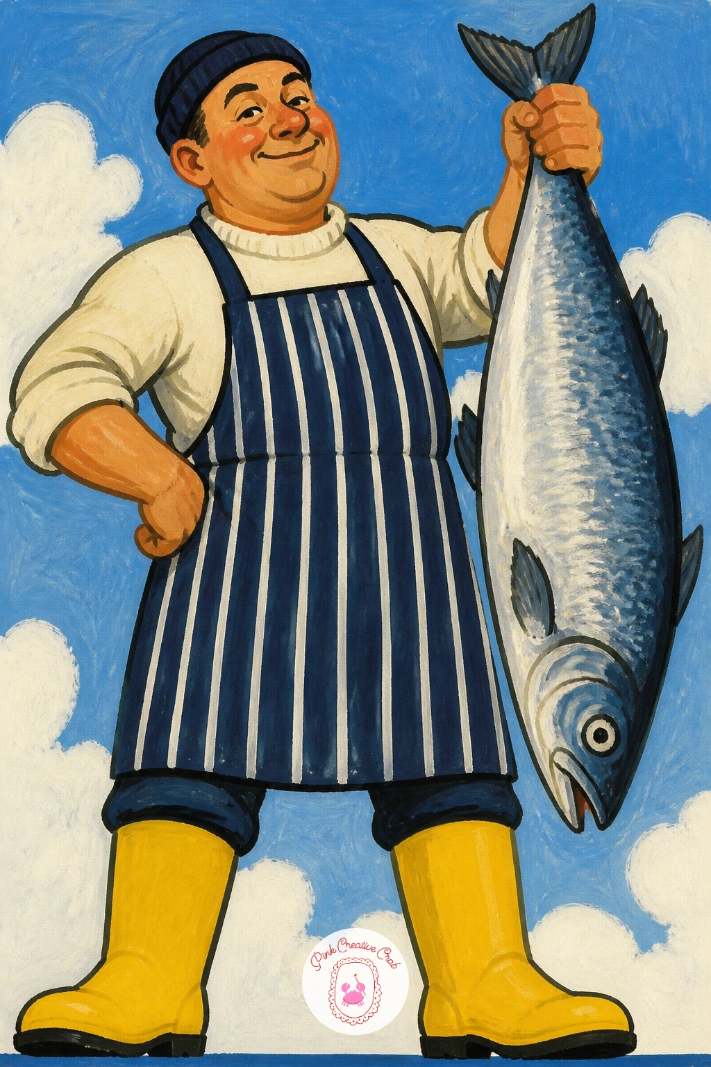 Fishmonger in Rubber Boots — Bring in a human character with a fishmonger standing in tall rubber boots, holding up a large fish for display. Sardine painting
