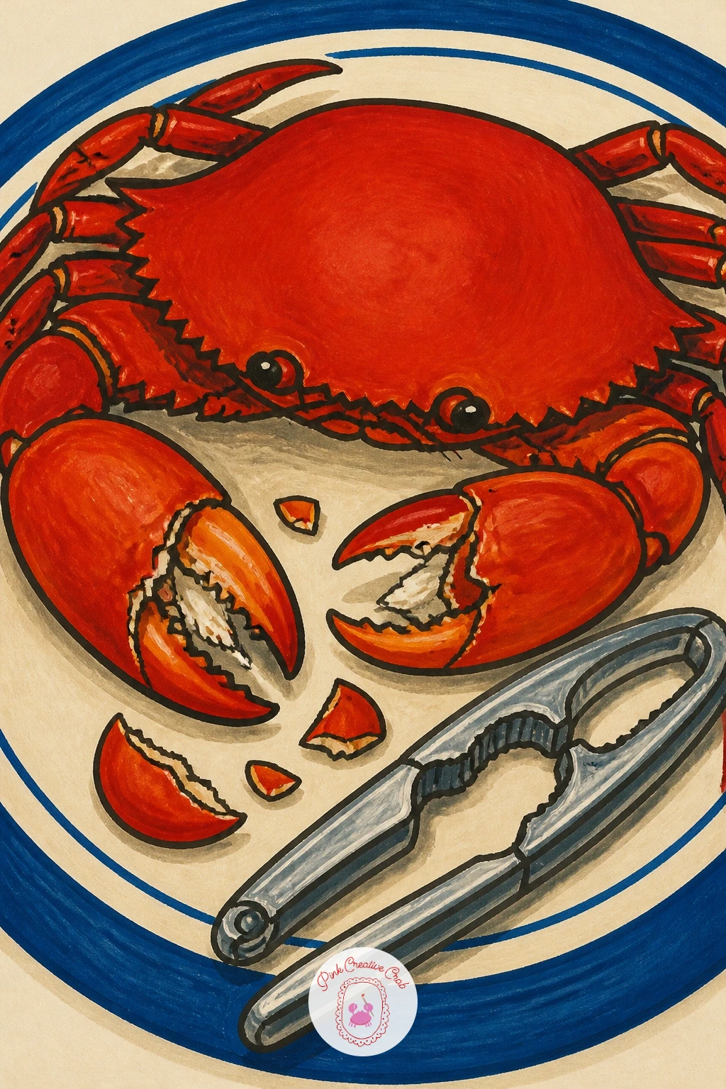 Crab on a Plate With a Nutcracker — Paint a whole crab served on a plate beside its nutcracker, claws cracked open and ready to eat. Sardine painting