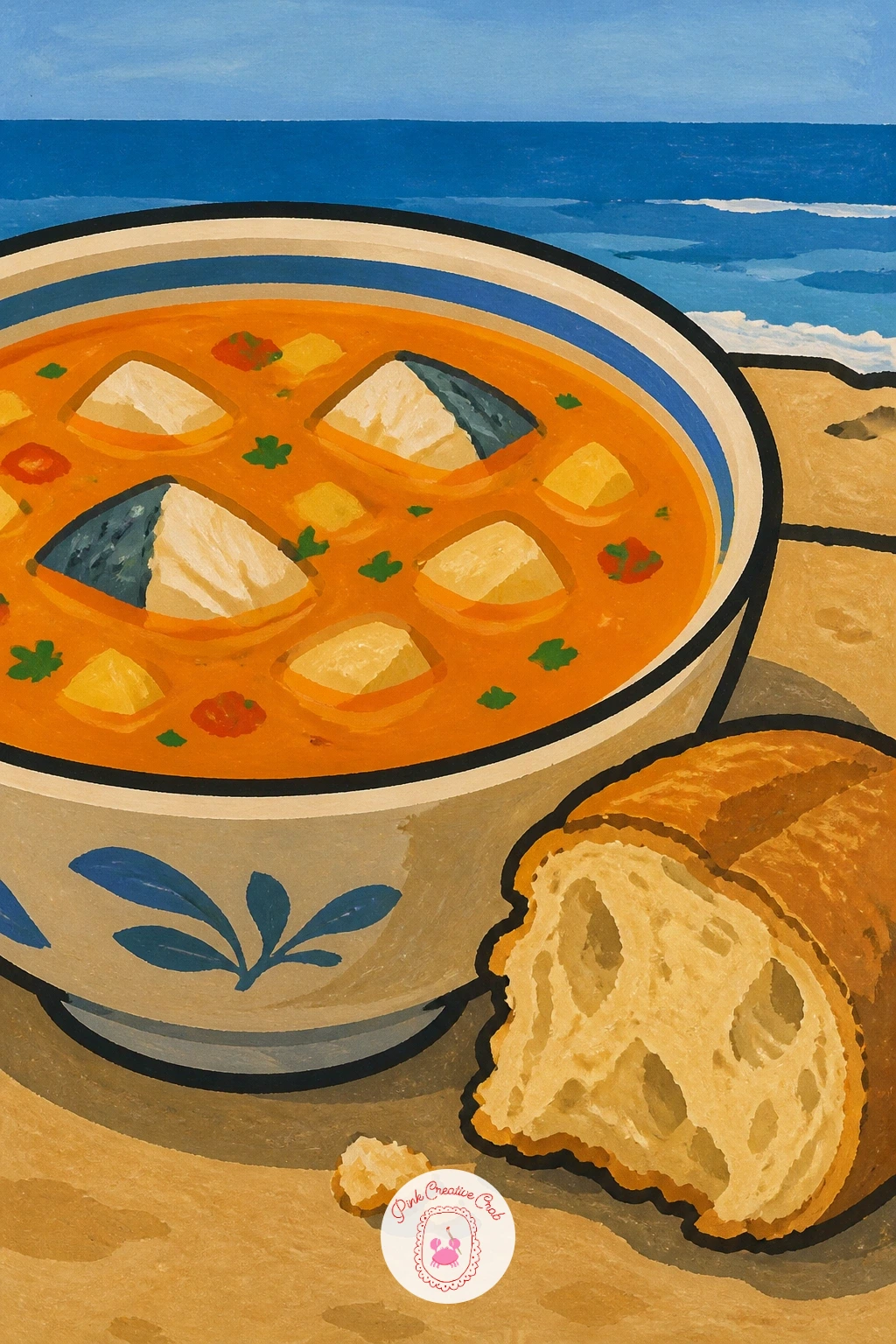 Fish Soup With Bread at the Seaside — Warm things up with a bowl of fish soup and a chunk of bread on a seaside table, sea visible as a thin stripe behind.