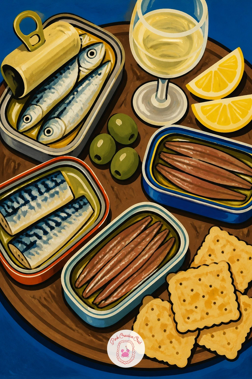 Tinned Fish Tasting Board — Return briefly to tins with a full tasting board, several open tins of sardines, anchovies and mackerel arranged beside crackers