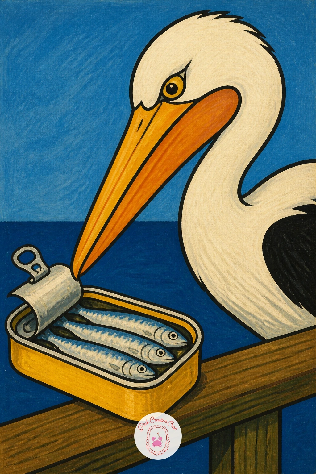 Pelican Eyeing an Open Tin — Shift the mood with a pelican craning its neck toward an open sardine tin left on a dock rail, pure cartoon mischief. Sardine