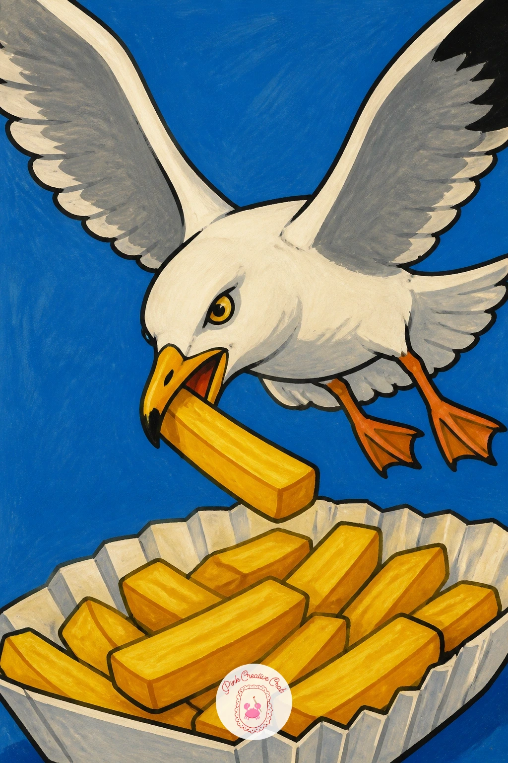 Seagull Stealing a Chip — Keep the comic bird energy going with a seagull swooping in to steal a chip right off someone's paper tray on the promenade. Sardine
