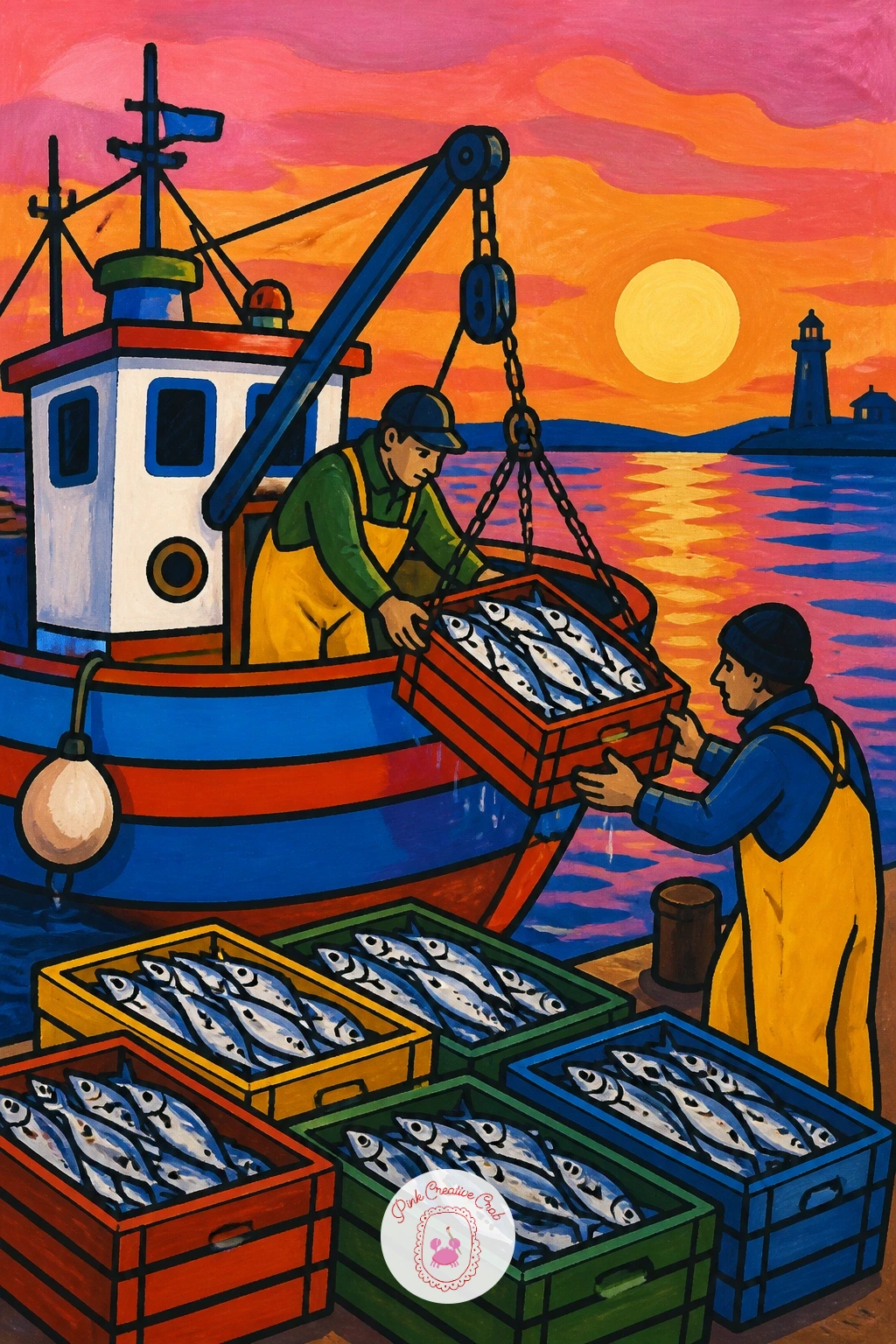 Colorful Boat Unloading Sardines at Dawn — Widen into a small landscape with a colorful fishing boat unloading crates of sardines at dawn, harbor water pink