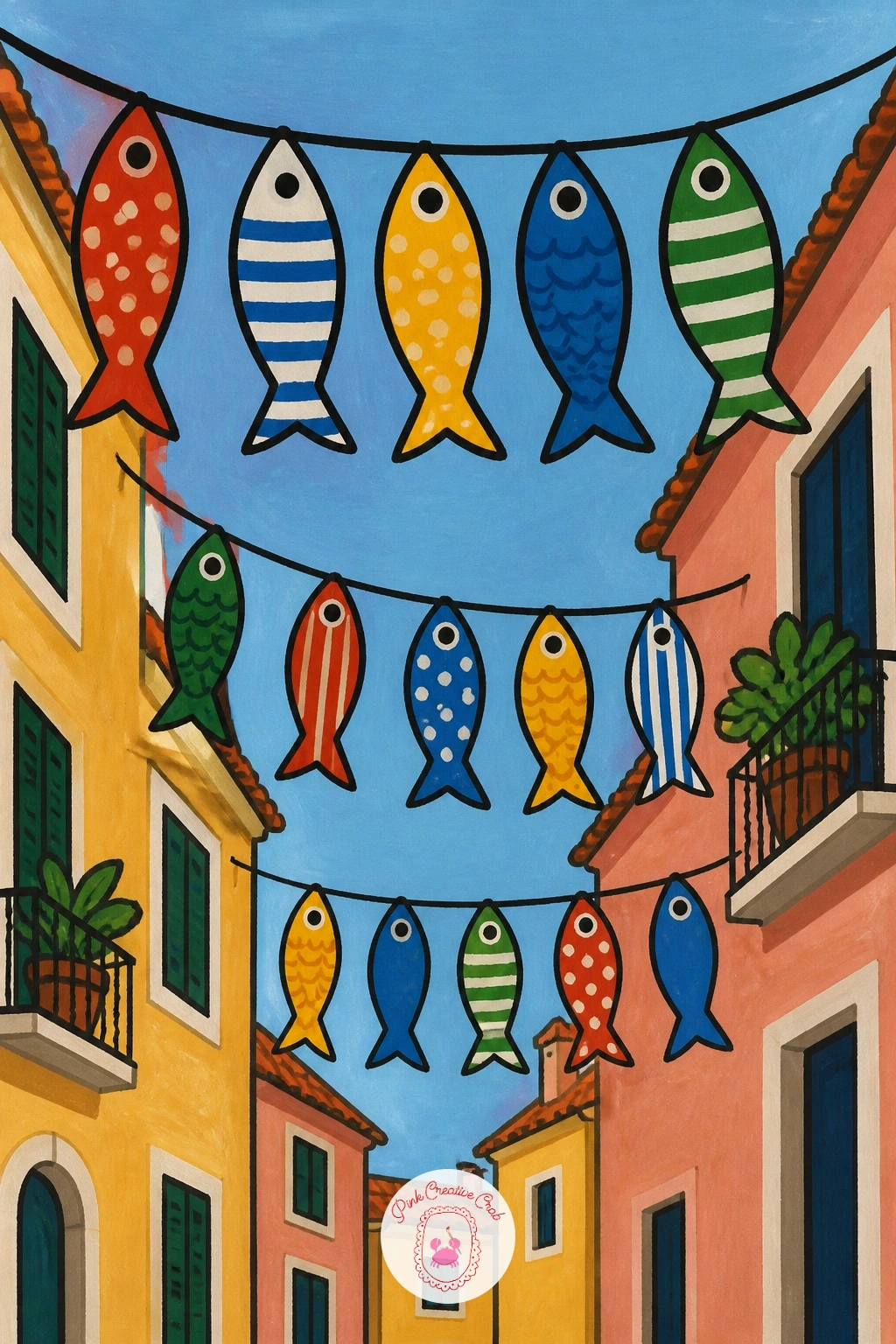 Sardine Festival Bunting Over a Street — Follow the harbor with sardine festival bunting strung between buildings over a narrow Lisbon street, fish-shaped