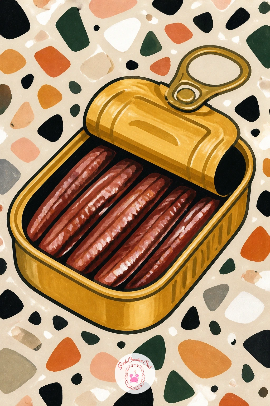 Tin of Anchovies on Terrazzo — Bring the palette back to tins with a small tin of anchovies resting on a terrazzo counter, a nice chance to practice a speckled