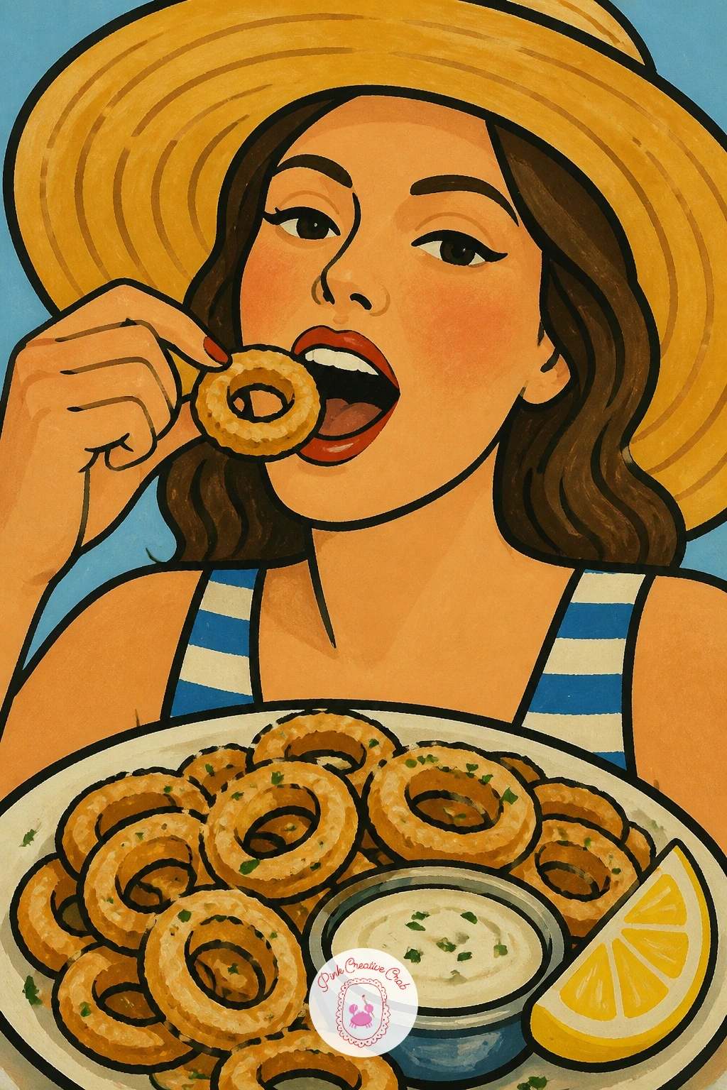 Girl in a Sun Hat Eating Calamari — Bring back a human figure with a girl in a wide sun hat, lifting a ring of calamari to her mouth at an outdoor table.
