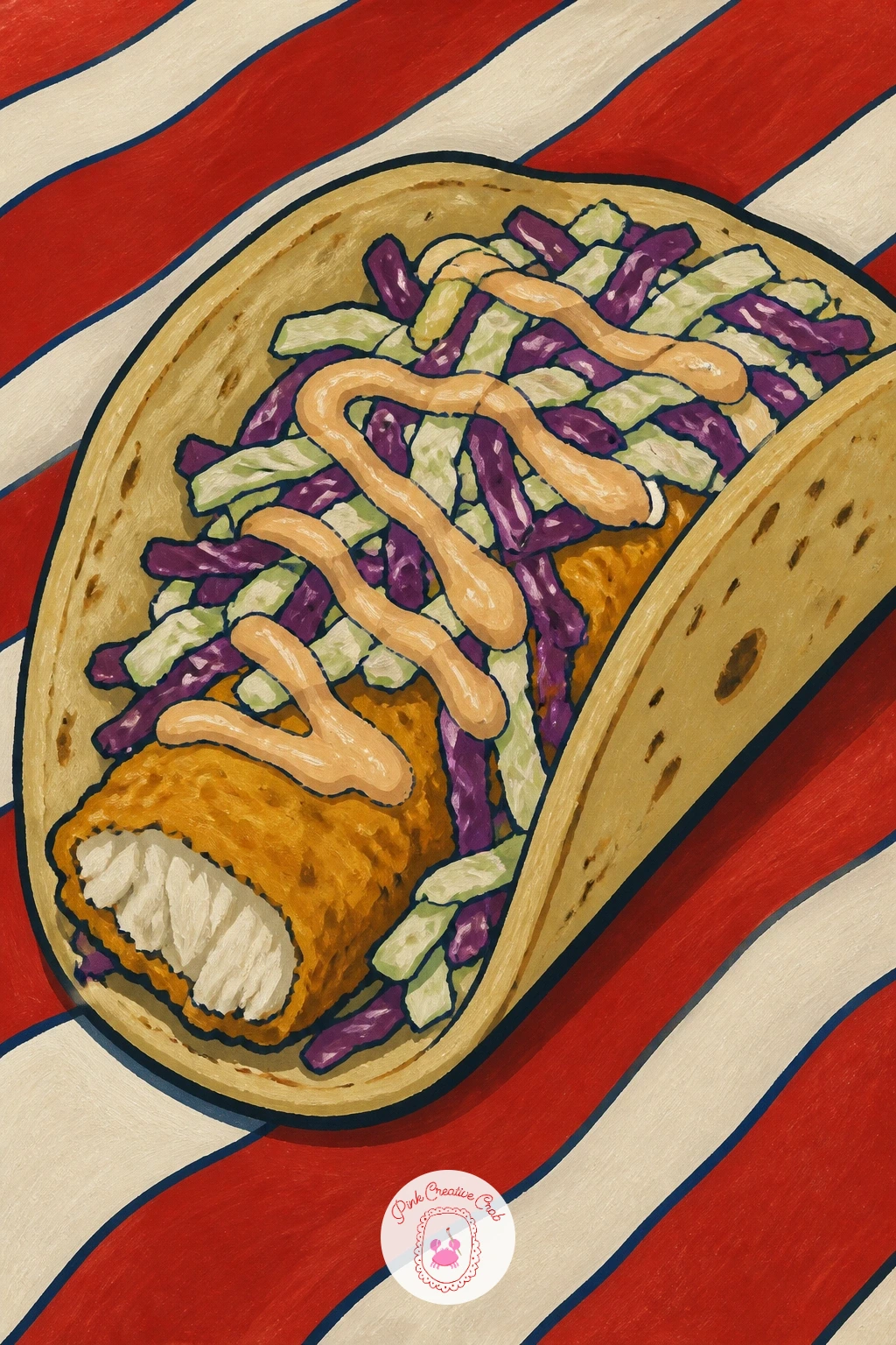 Fish Taco on a Beach Towel — Bring the seaside food theme down to the sand with a fish taco resting on a striped beach towel. Sardine painting