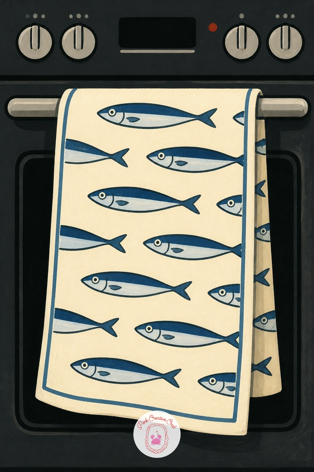 Sardine-Print Tea Towel on Oven Door — Bring the tinned fish trend into the kitchen itself with a sardine-print tea towel draped over an oven door handle.