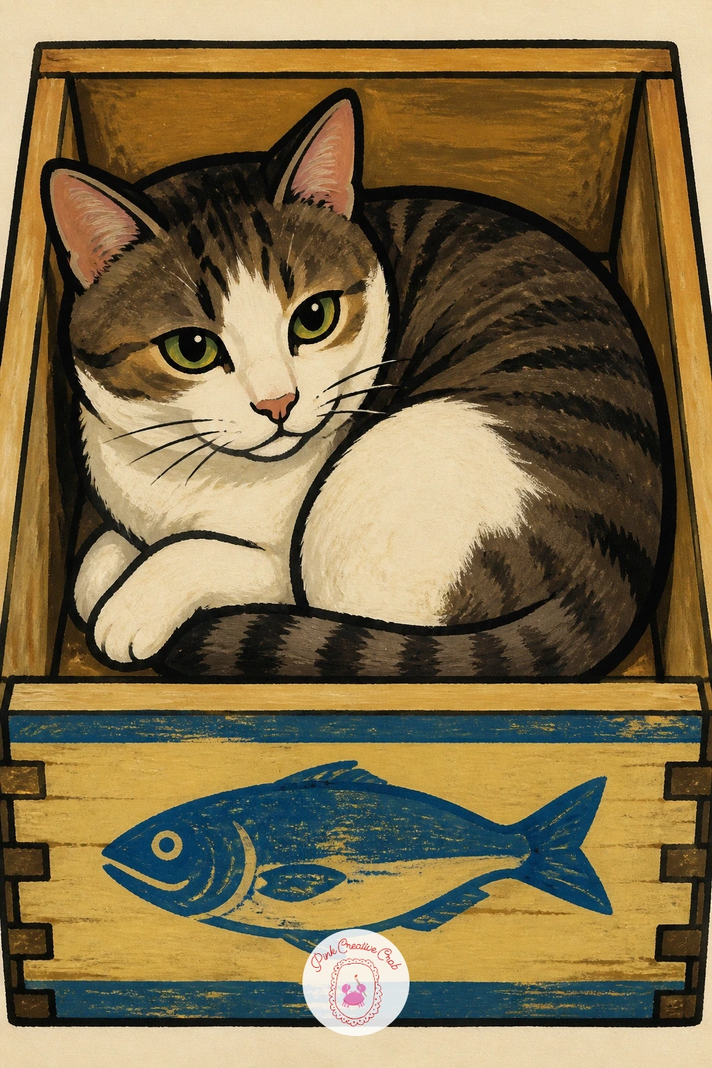 Cat Sitting in an Empty Sardine Crate — Close the whole set with a cat curled up inside an empty wooden sardine crate, perfectly content with the leftover