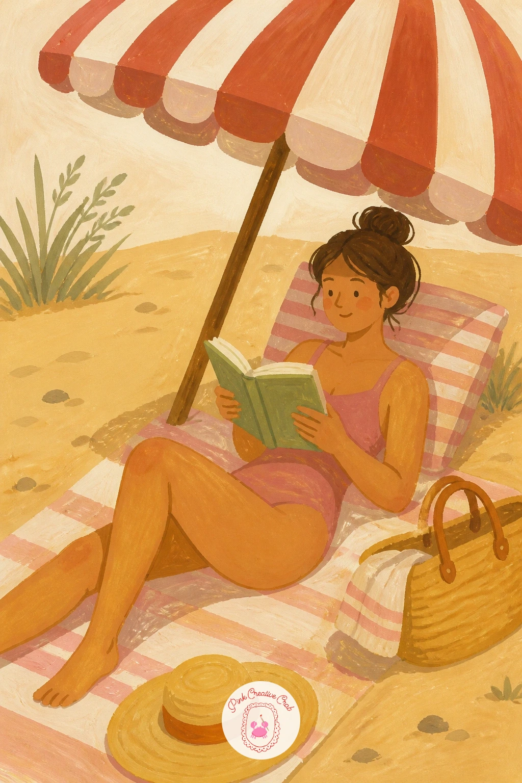 Woman Under a Striped Beach Umbrella — Work out from the umbrella first, since it sets the eye level for everything underneath it. Reading painting