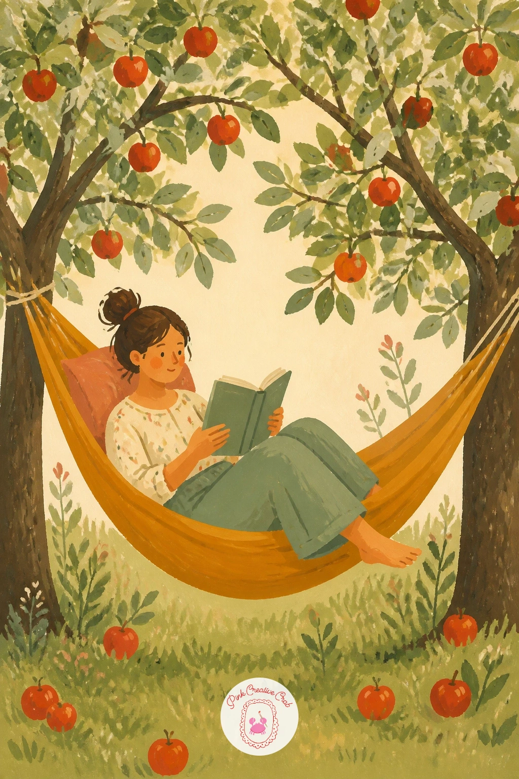 Reading in a Hammock Between Apple Trees — Hang the hammock before you paint the woman in it, since its curve decides how she will lie. Reading painting