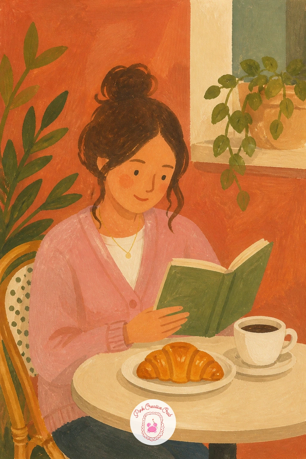 Reading in a Cafe With a Croissant — Set the eye level low, at table height, since this whole scene is about looking across a small round table rather than