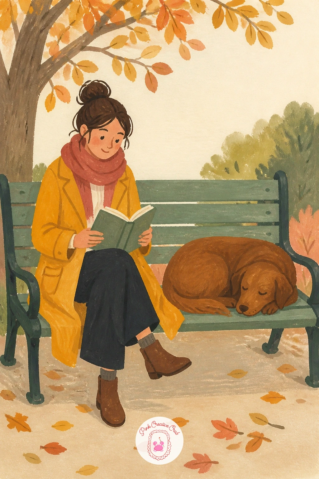Reading on a Park Bench While a Dog Sleeps — Paint the bench first as a simple sage green plank shape, since the woman and the dog both need to sit